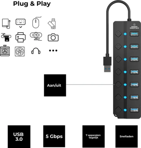 Ewent USB 2.0 Hub 7 poorten met aparte aan uit knop